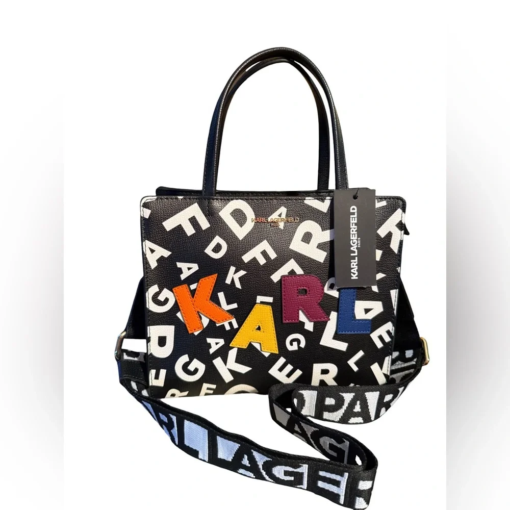 Karl Lagerfeld Paris NWT Multicolored Maybelle Graphic Logo Patch Satchel (P216) - Picture 4 of 14